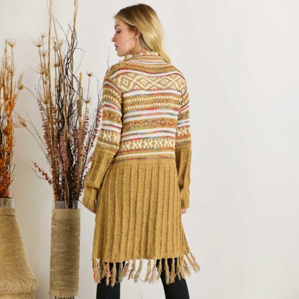 Bohemian Longline Knit Cardigan With Fringe Tassel Hem Southwestern Aztec Print - Picture 3 of 11
